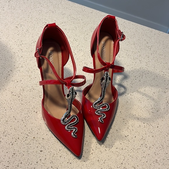 Shoe Dazzle Shoes - Red patent snake pumps